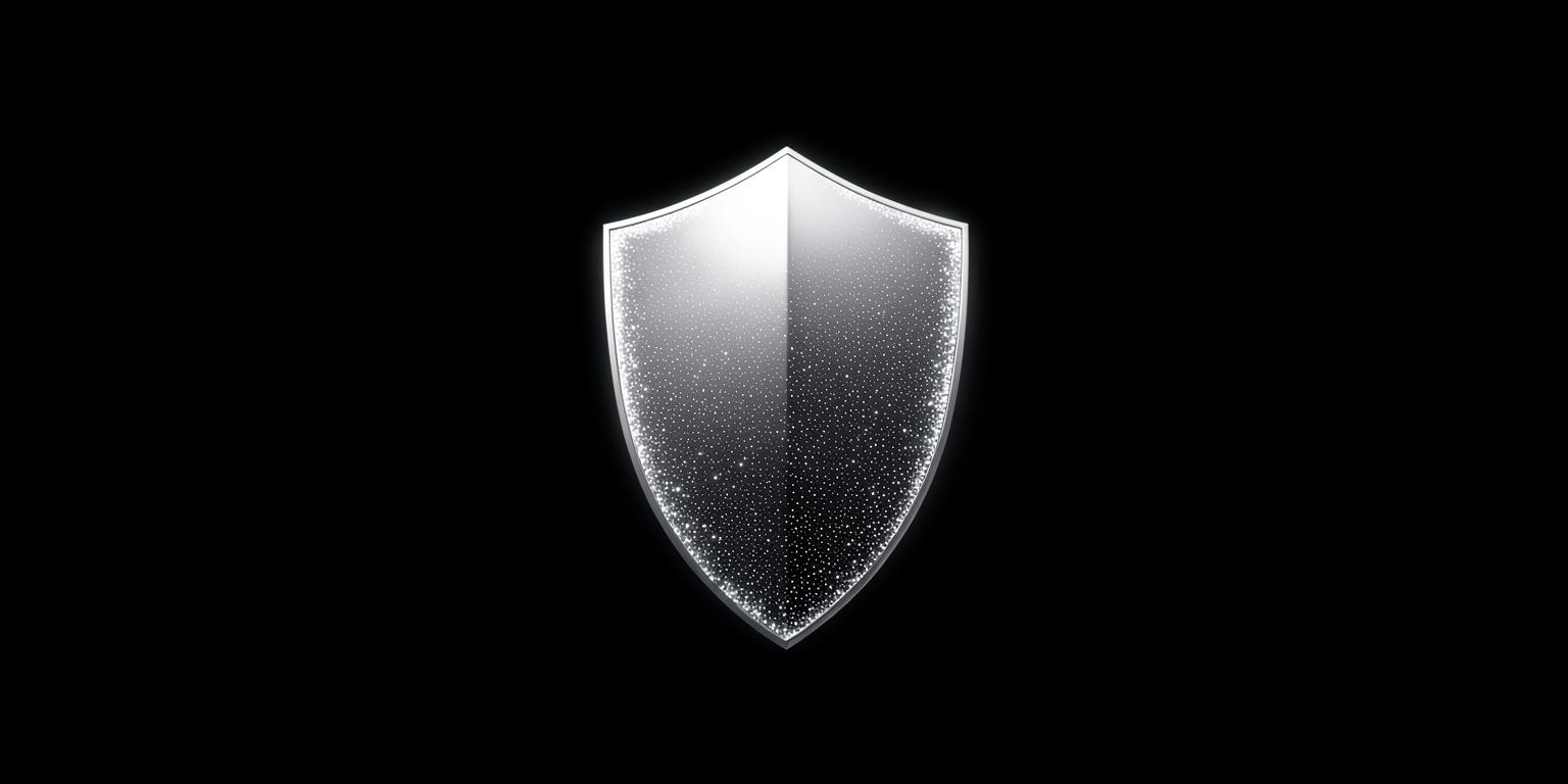 A metallic shield dissolving into a fine grid of light particles